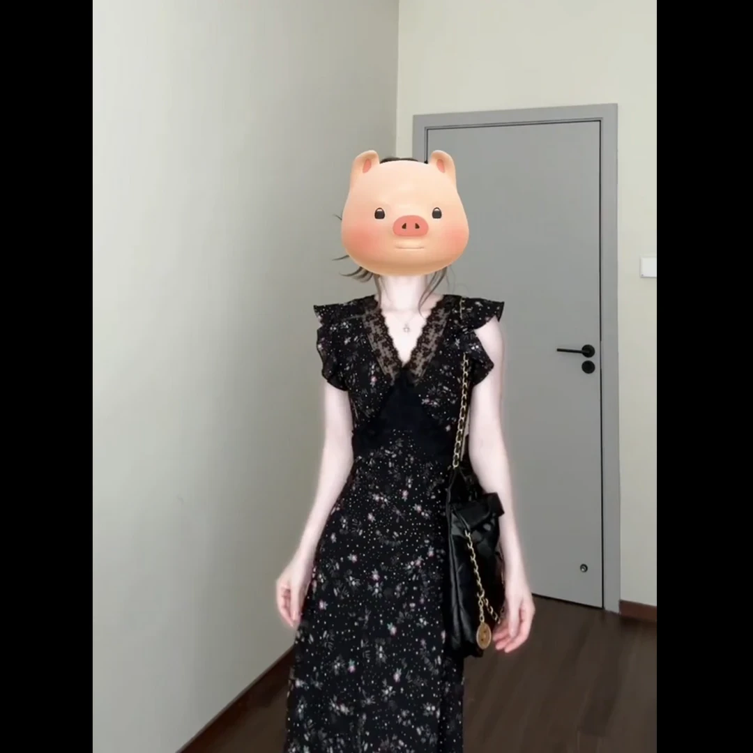 大码【优雅小性感】夏季V领碎花连衣裙法式高货蕾丝拼接显瘦长裙子