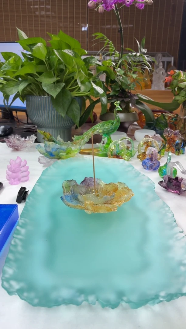 手工艺品琉璃彩色牡丹花线香插12公分