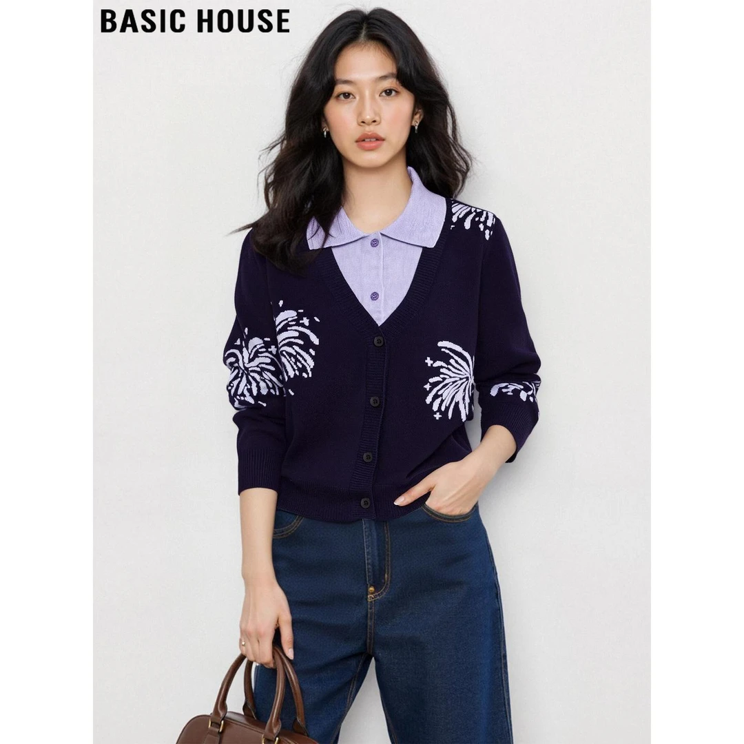 Basic House/百家好复古刺绣翻领假两件针织开衫女2025秋冬含羊毛