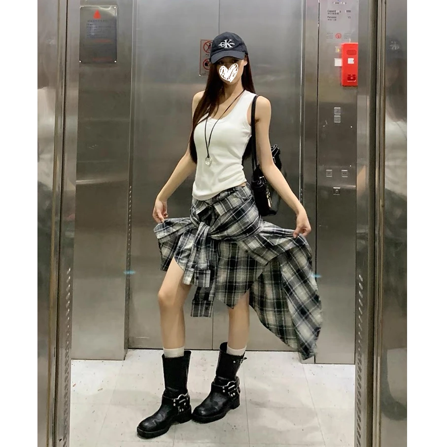 【两穿设计】格纹假两件抹胸 美式复古叠穿显瘦半身裙