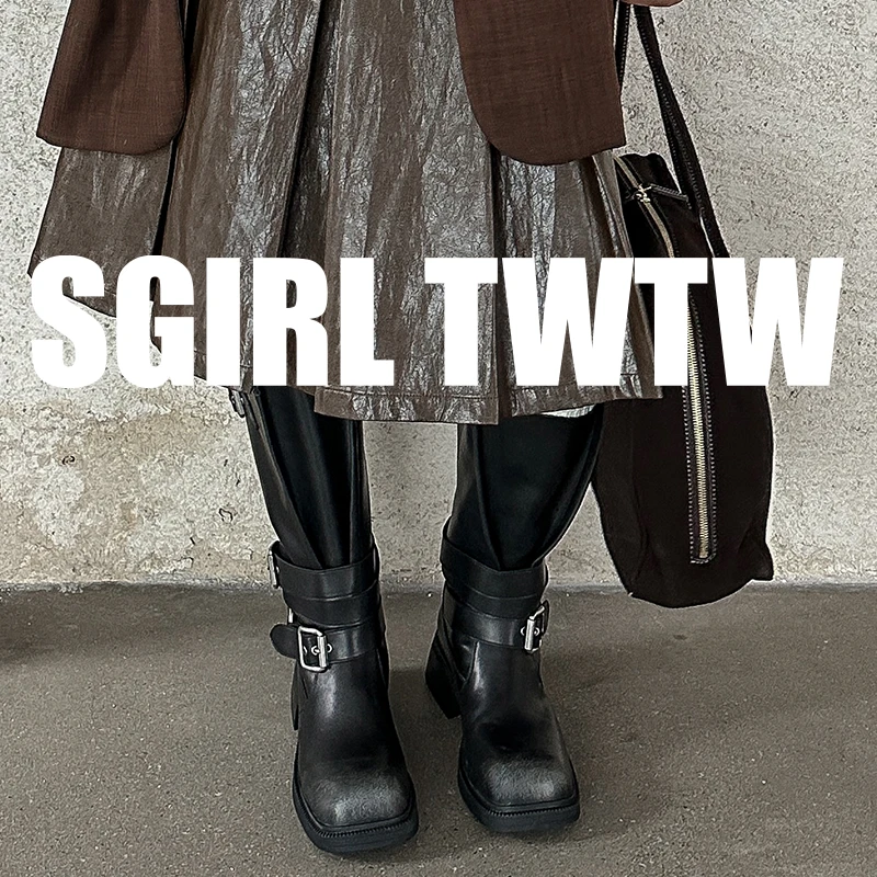 K628-3 SGIRLT WTW复古英伦风马丁靴女新粗跟皮带扣短靴百搭女鞋