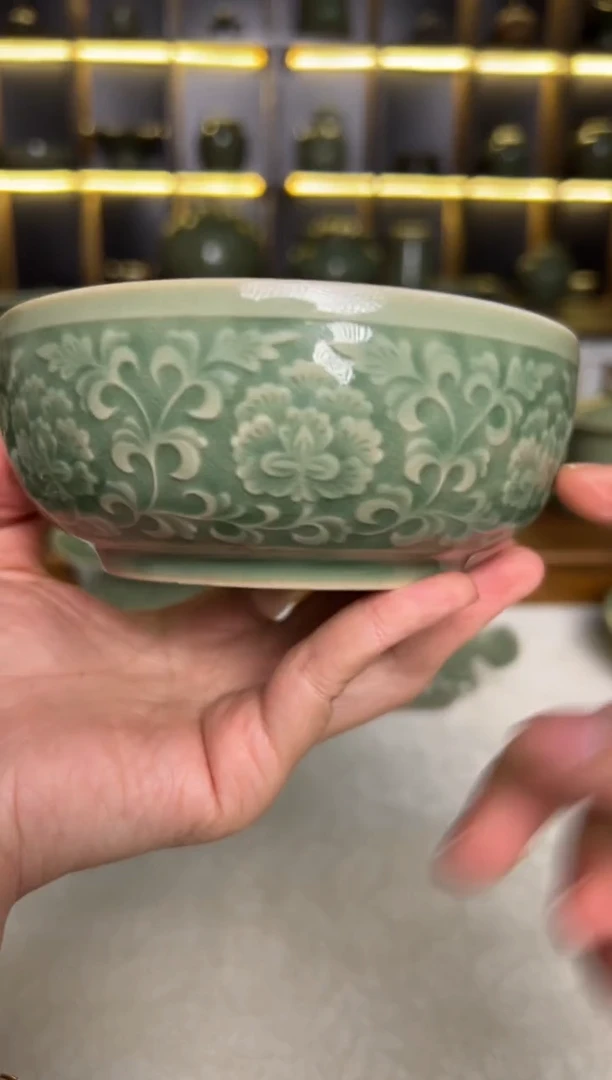 瓷片瓷片耀州窑青釉5寸宫廷牡丹米饭碗一只