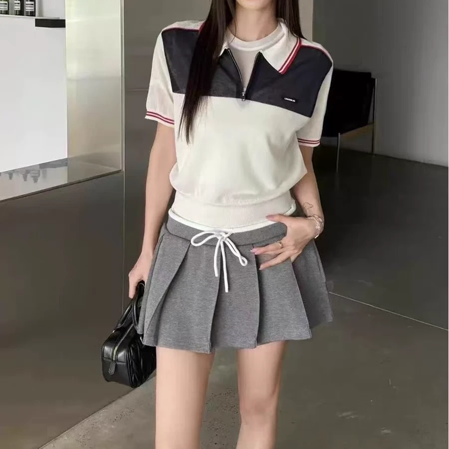 3968拼色Polo领半拉链针织衫短袖宽松时尚百搭夏季女