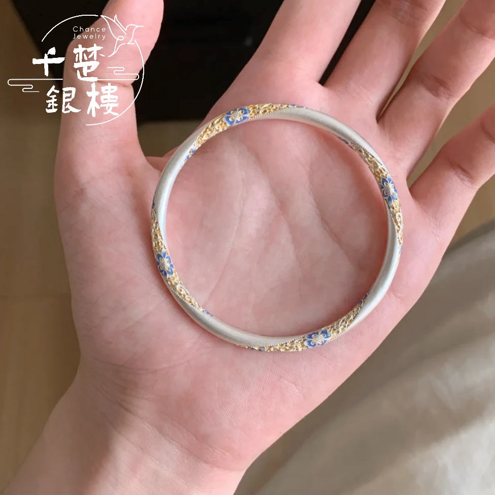 足银手镯 足银手镯礼物足银999.9珐琅描金古法素圈银手镯古风时尚