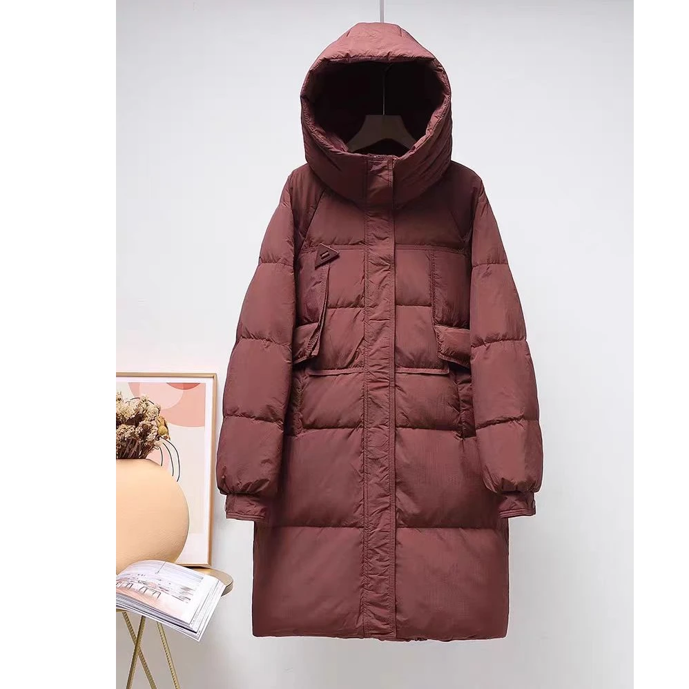 年终收官新国标白鸭绒韩版三角扣羽绒服女中长款新款宽松百搭加厚