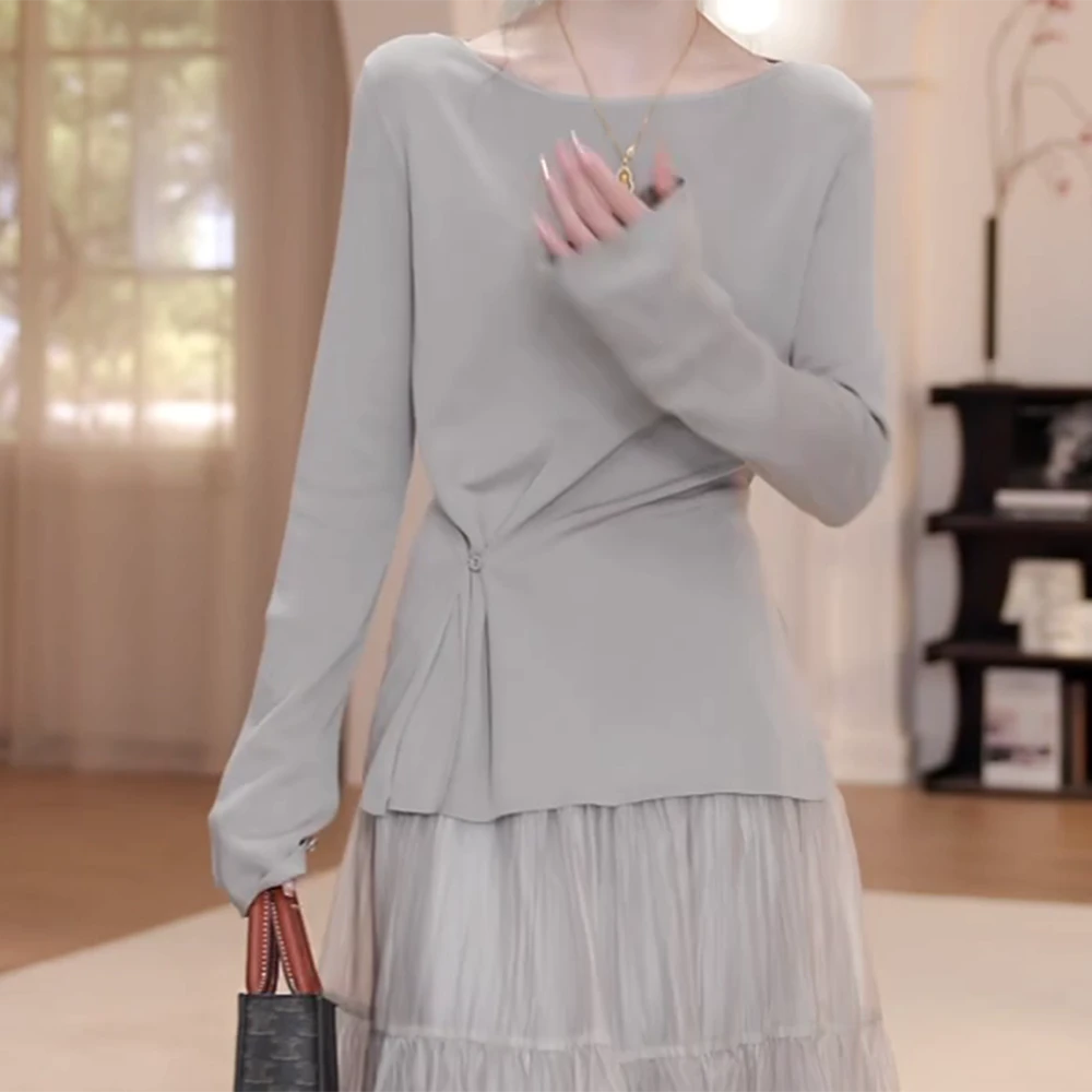 2025春夏新款百搭纯色高级感休闲收腰捏褶针织长袖时尚上衣女
