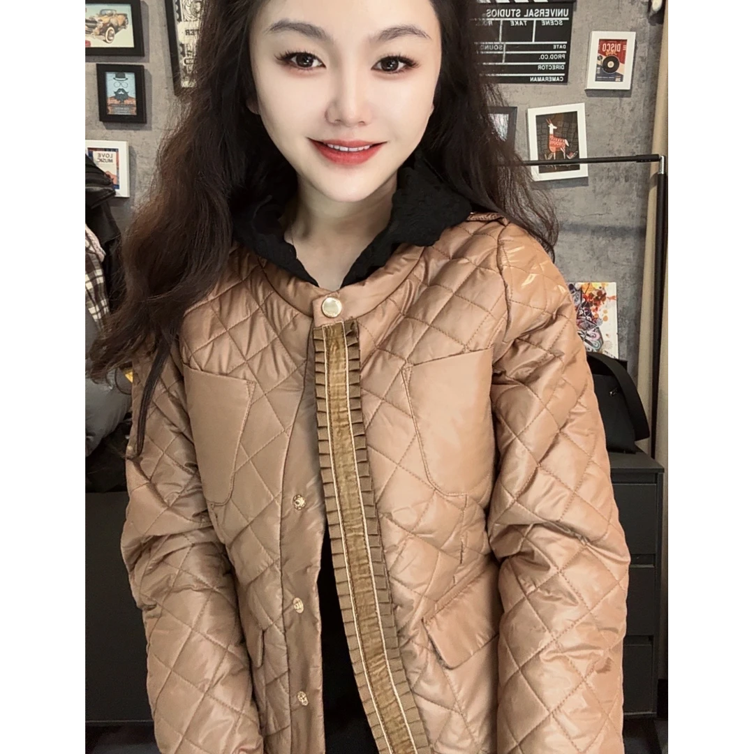 2025新款简约厚款棉衣外套女秋冬时尚修身百搭设计感夹棉风衣女