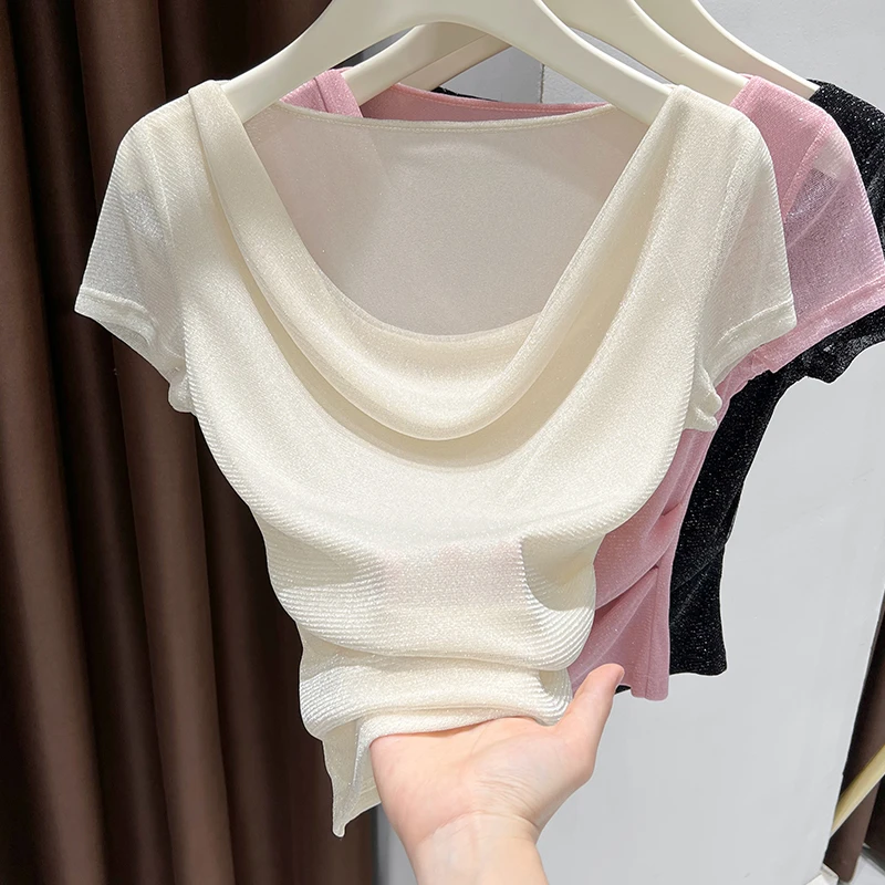 杏色小众荡领修身显瘦短袖T恤女夏季2025新款洋气褶皱网纱打底衫