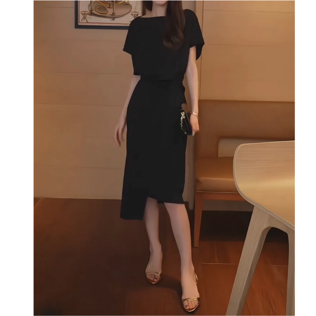 夏季显瘦长裙立体花朵御姐连衣裙赫本风开叉设计感收腰绑带裙子女