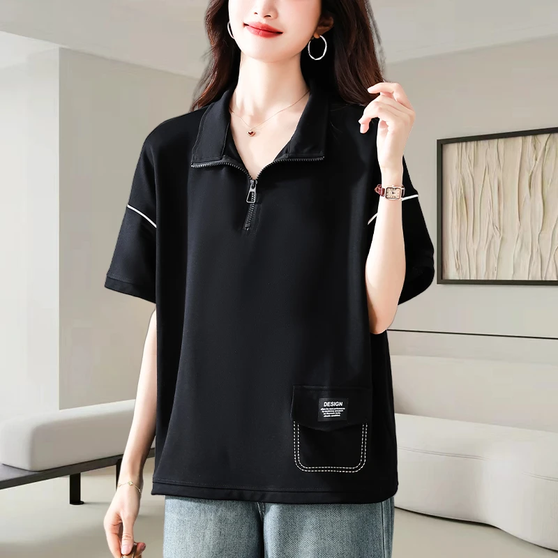 设计感半拉链立领短袖t恤女士2025夏季新款时尚大码显瘦休闲上衣