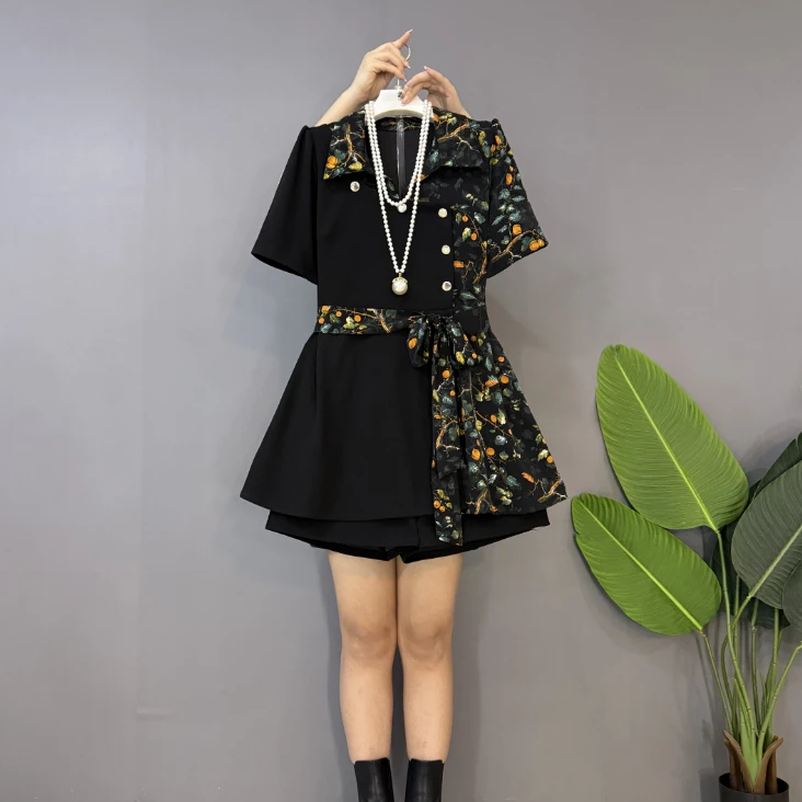 新款大码女装时尚气质衬衫领拼接上衣短裤两件套套装