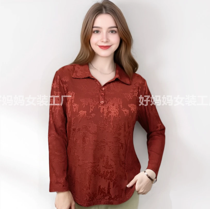 新款上新时尚翻领水墨提花长袖打底妈妈装百搭休闲中老年女装
