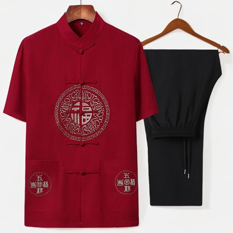 中老年唐装男士夏季薄款宽松休闲大码半袖复古中国风爸爸爷爷男装