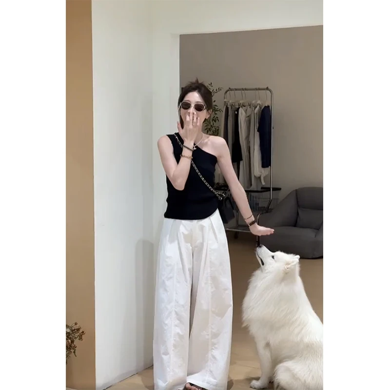 时尚穿搭女士夏季斜领无袖显瘦百搭小众针织上衣直筒阔腿休闲裤