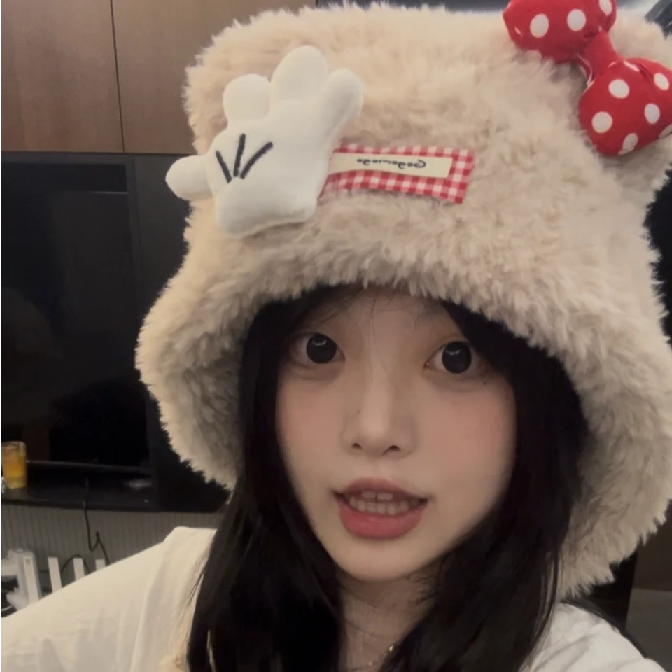 大头围定制方圆脸米奇蝴蝶结毛毛帽子可爱秋冬加厚保暖网红百搭