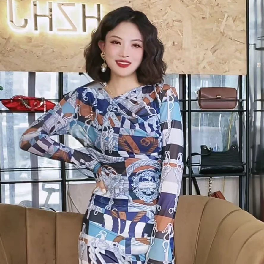 HZHJ新款福利！水墨几何荡领ins碎花女款时尚修身上衣气质120