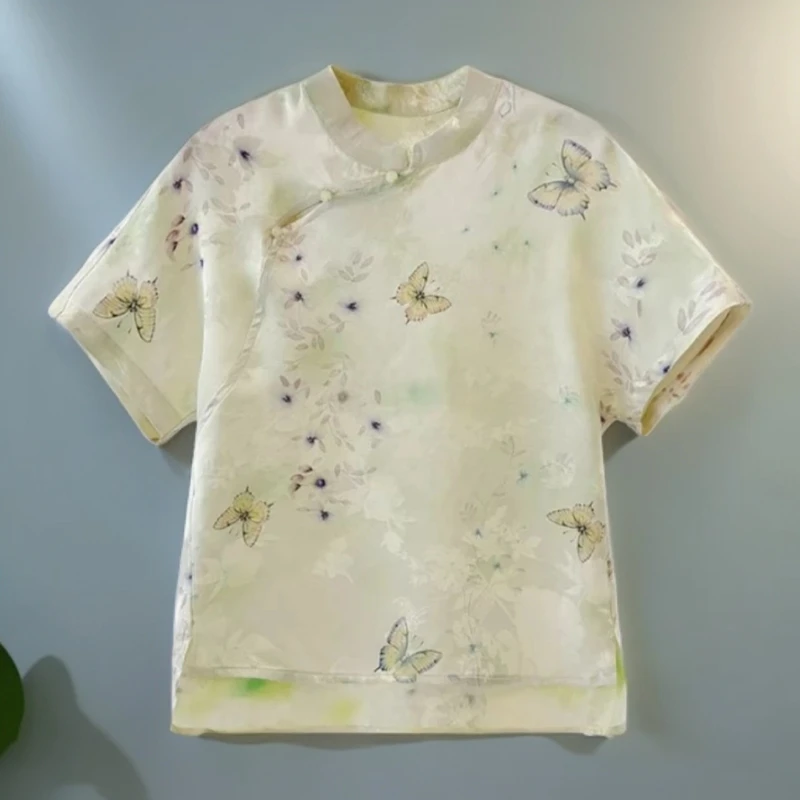 【化蝶】夏季中国风新中式蝴蝶提花圆领斜襟T恤女士短袖1108