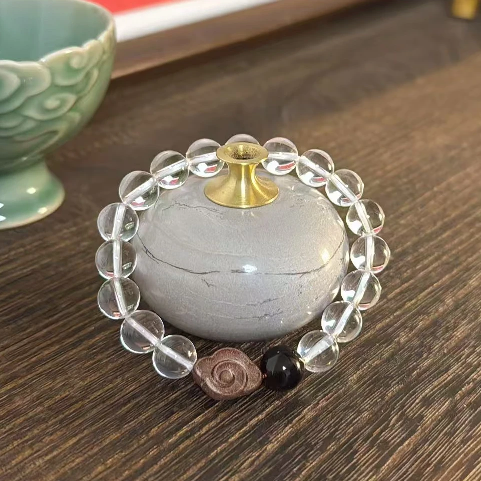 新款天然白水晶桃木祥云手串