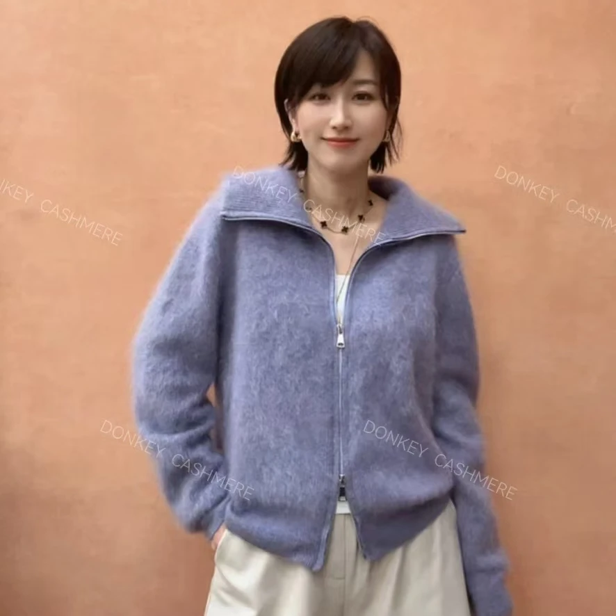 【翻领】100%山羊绒拉绒拉链元宝针加厚女款百搭开衫