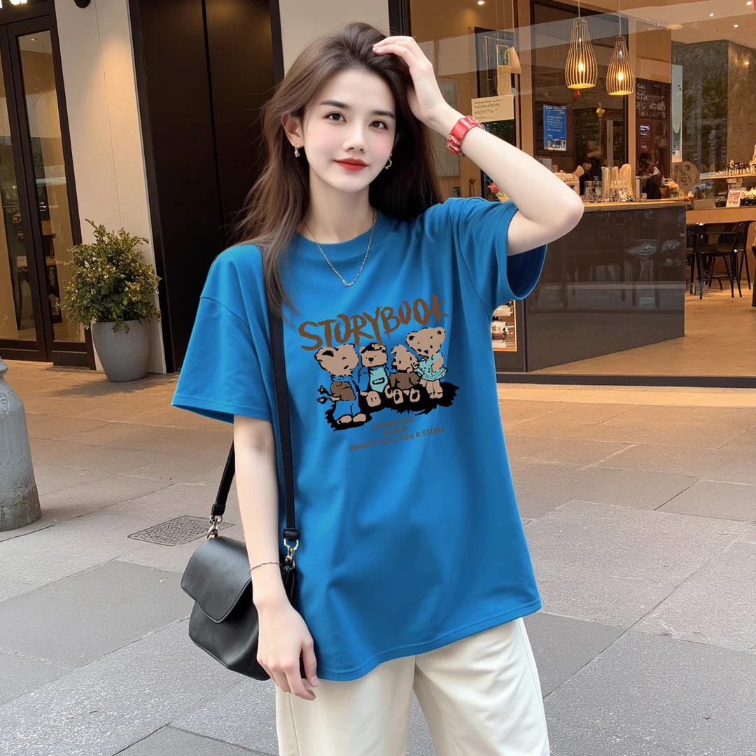 【熊熊家族】纯棉宽松显瘦短袖T恤印花圆领时尚休闲百搭上衣