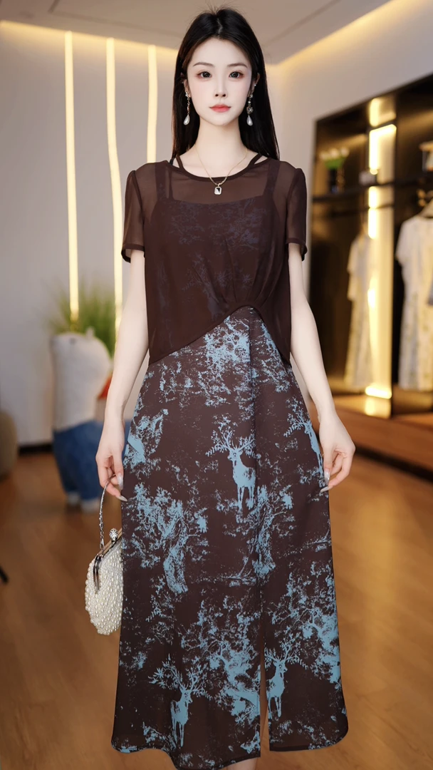 高级感两件套洋气短袖连衣裙女2025春夏新款显瘦时尚气质长裙