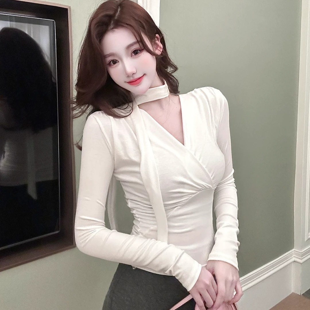 【现货】美式辣妹V领收腰低领打底衫长袖T恤纯欲穿搭白色上衣女性感