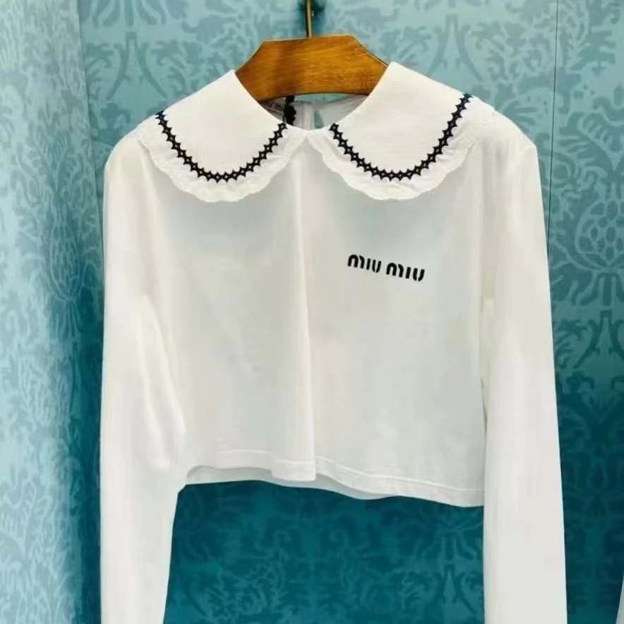99新 MIU MIU/缪缪 春夏海军领娃娃领长袖上衣短装 xs