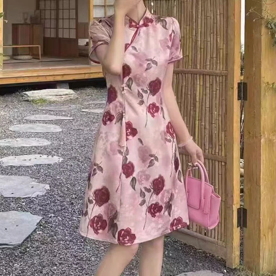 无印心匠B20566-1 夏季新款玫瑰图案&中式旗袍优雅连衣裙 K515