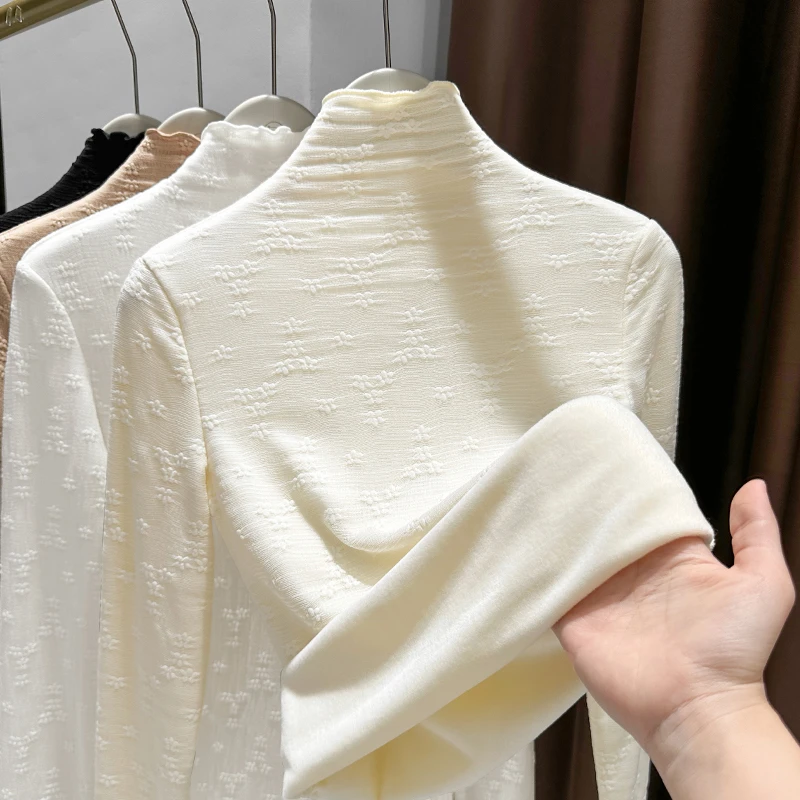 杏色蕾丝打底衫女款爆款2025新款内搭可外穿洋气半高领加绒小衫