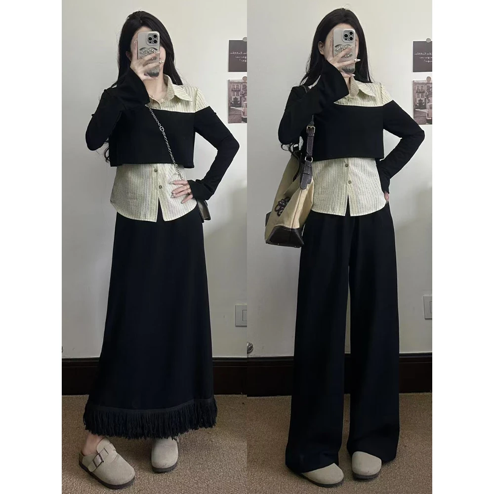 MO88ZSPF大码女装胖mm新款假两件拼接上衣休闲裙子裤子两件套