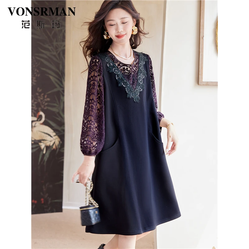 蕾丝镂空拼接连衣裙女2025秋季新款气质优雅宽松休闲假两件直筒裙