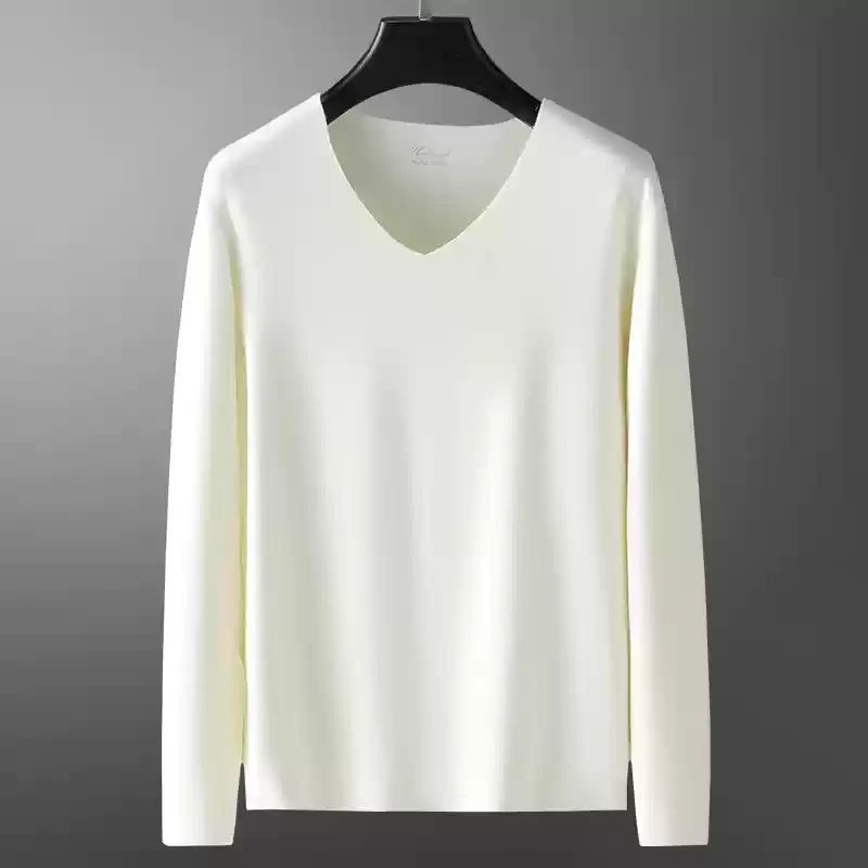 羽毛蛋白保暖内衣男士秋冬加绒加厚德绒打底男白色v领长袖打底衫