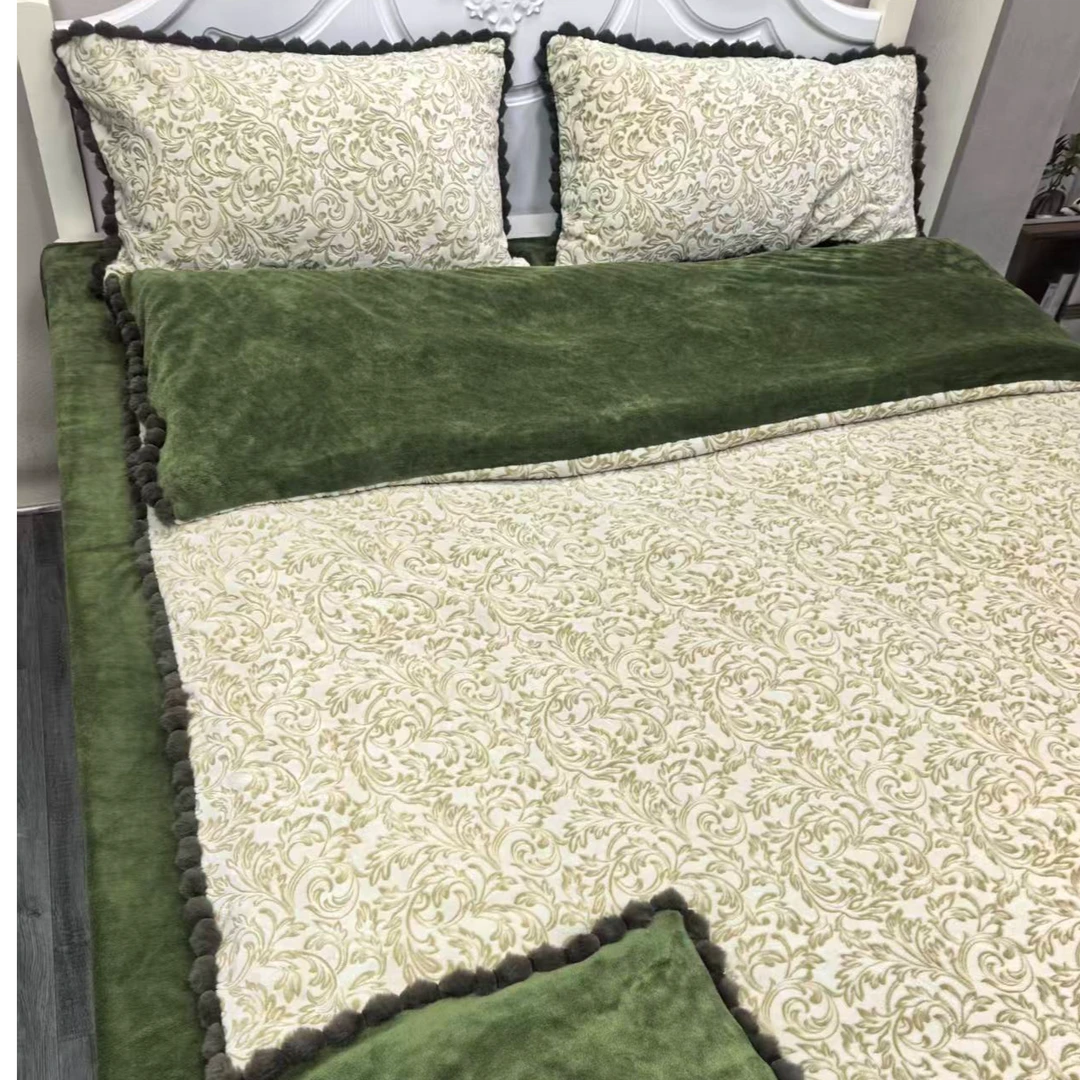 双面绒优雅风雕花绒牛奶绒兔毛球四件套被套加厚加绒轻奢风立体