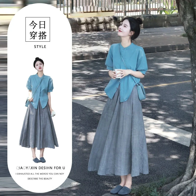 今年流行的漂亮套装2025夏季清冷感短袖衬衫半身裙微胖mm两件套女