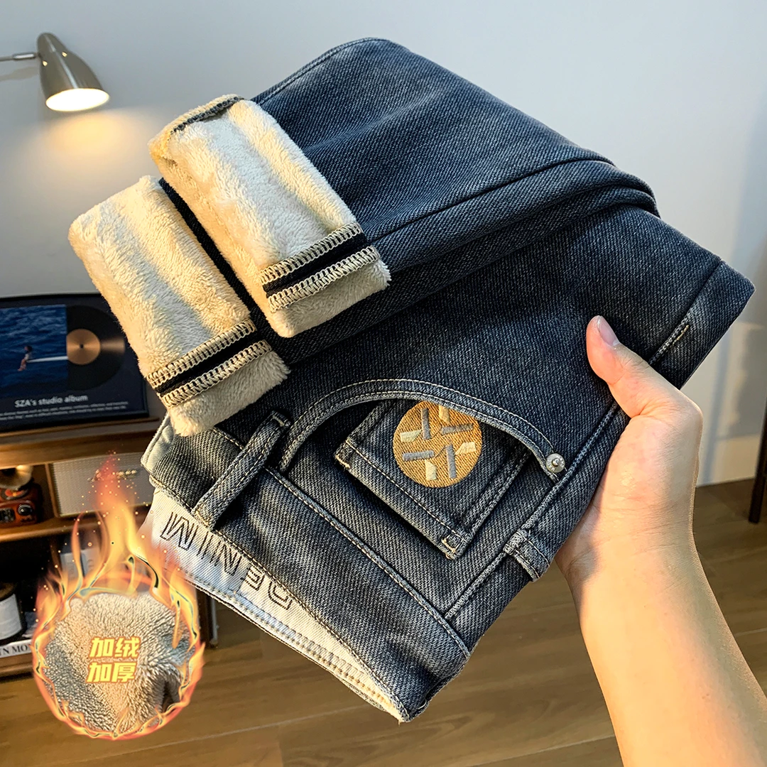 贾鲁萨加高端时尚加绒牛仔裤男士潮流刺绣厚实保暖弹力修身长裤
