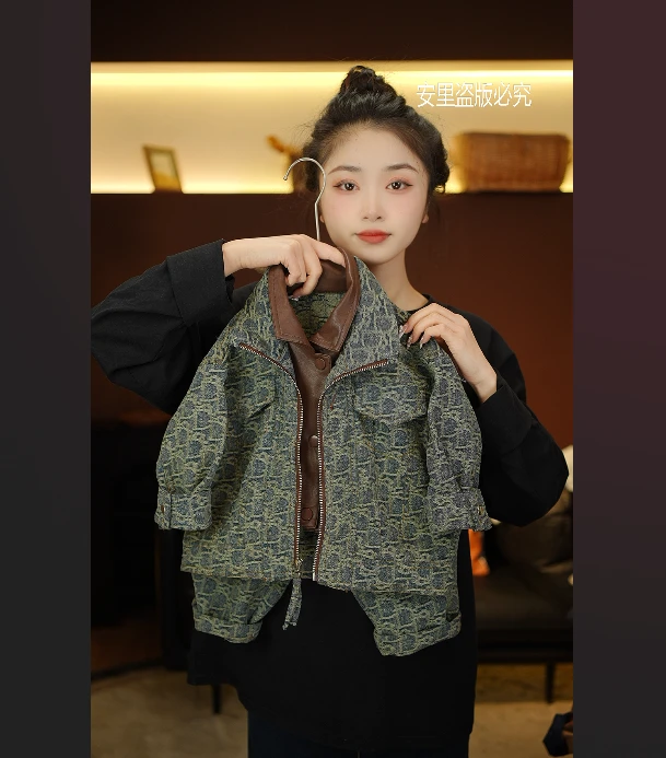 2025春季儿童新款萌娃穿搭韩版潮流时尚假两件牛仔皮衣外套88066