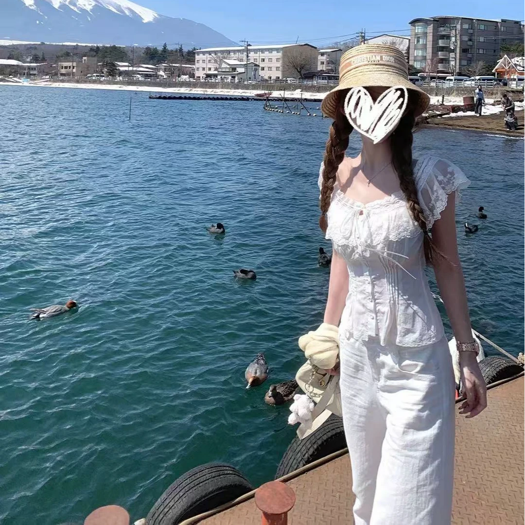 甜粿妹妹 纯白盛夏 多种穿法~花边白色衬衫女夏季露肩/一字肩上衣