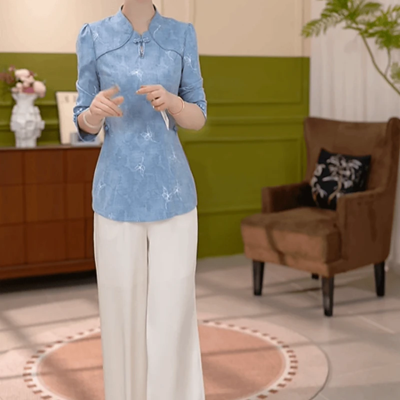 A211【上衣+休闲裤】2025早秋新款时尚气质收腰显瘦中式复古套装