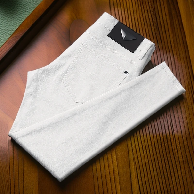 维斯克纳时尚薄款雪花白牛仔裤男弹力修身小直筒长裤时尚简约潮流