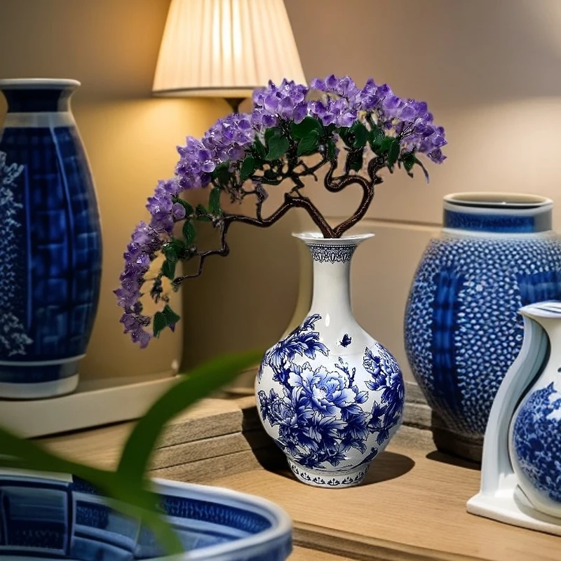 【岩岩手工坊】玲珑骨瓷牡丹青花瓷陶瓷摆件紫水晶树居家办公玄关