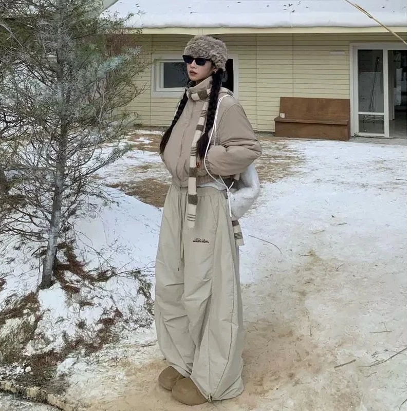 美式复古立领短裤棉服外套女小众显瘦百搭褶皱加绒弯刀裤时尚套装