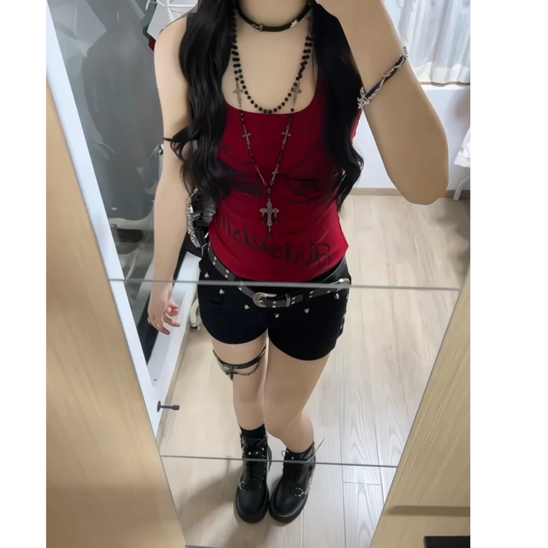 美式辣妹工字修身外穿吊带背心女包臀小黑裤铆钉设计感牛仔超短裤