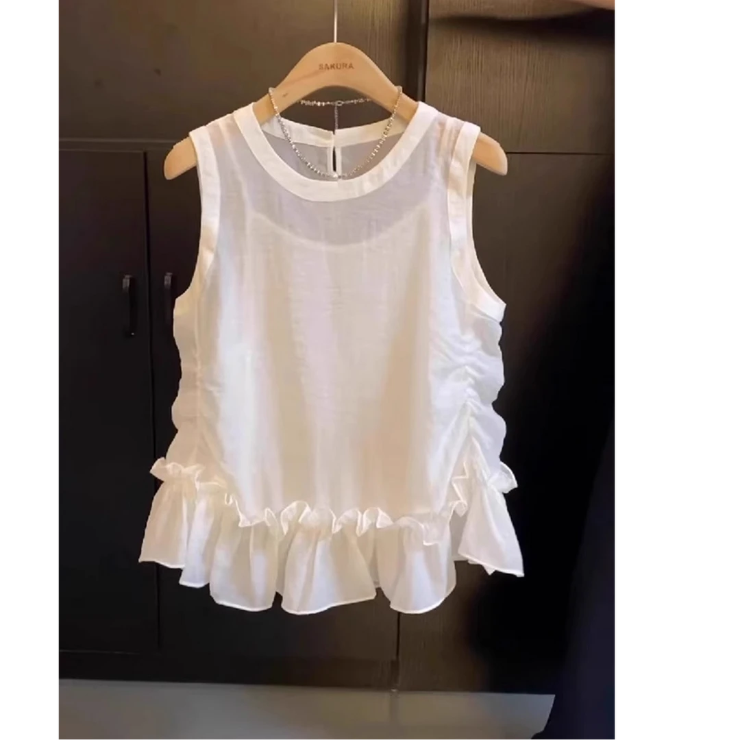 韩系褶皱花边微透白色无袖背心衬衫女夏季薄款内搭吊带两件套上衣