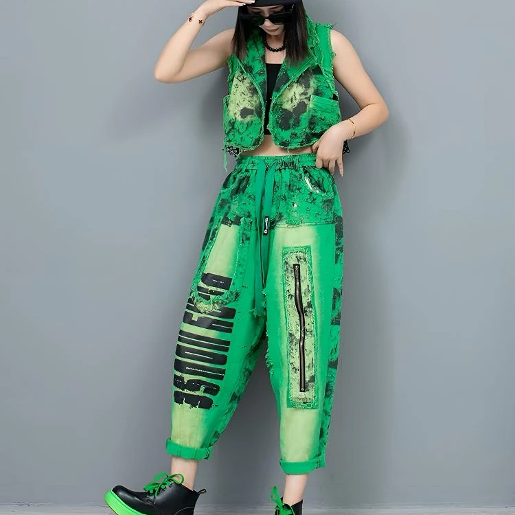 新款韩版马甲时尚炸街洋气嘻风宽松绿色休闲马夹网红国风爆款背心