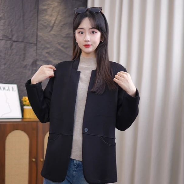 早春休闲弹力棉西装外套气质时尚宽松百搭春秋黑色女士韩版短款