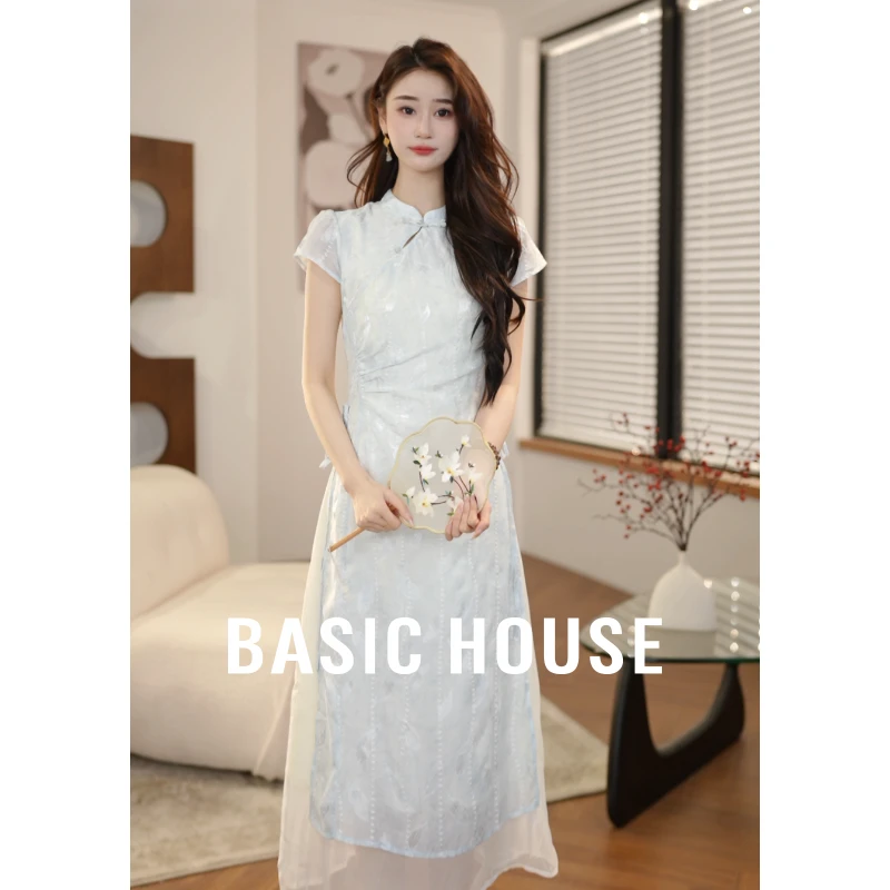 Basic House/百家好欧若新中式改良款假两件淡蓝旗袍B1195B5T802
