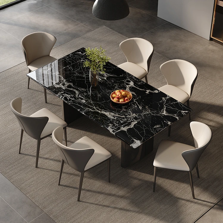进口黑玫瑰天然奢石餐桌现代极简大平层别墅天然大理石方形饭桌