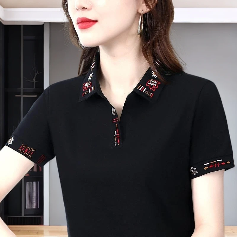 2025夏季女大码绣花百搭上衣爆款短袖时尚减龄气质休闲翻领polo衫