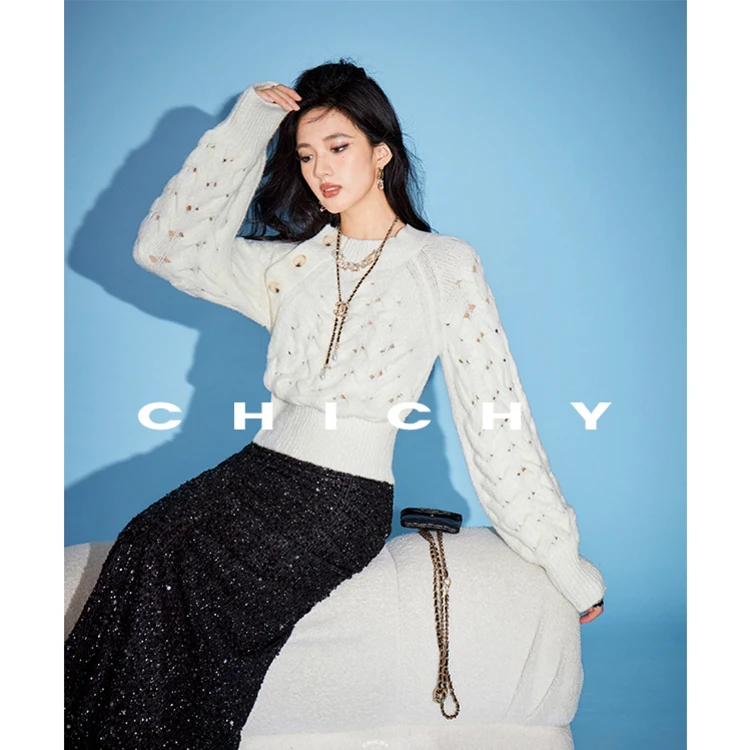 【周周专属】CHICHY法式慵懒设计感上衣镂空毛针织衫CW0D009243