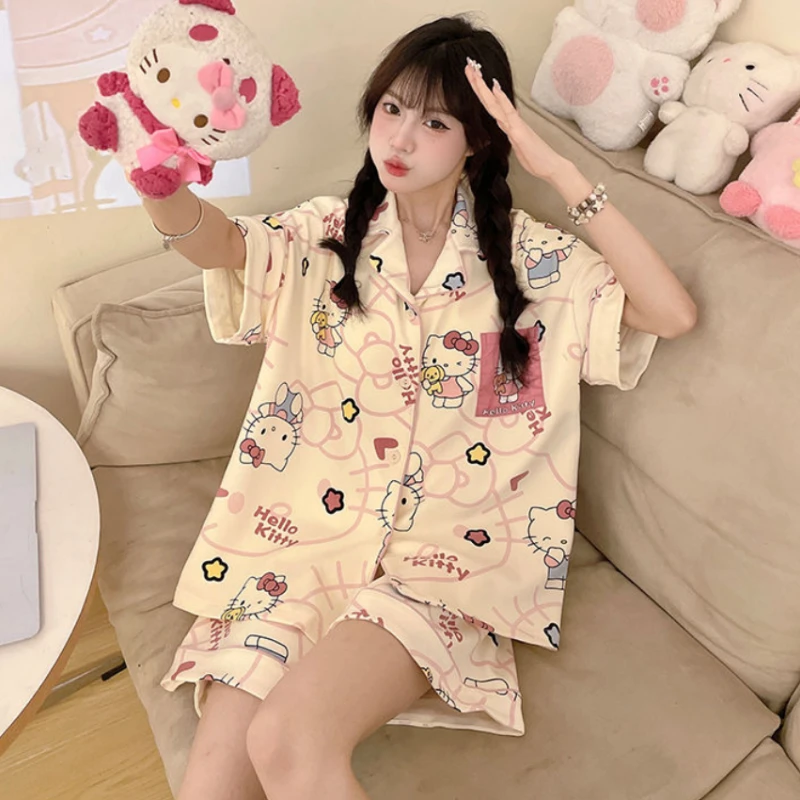 云朵棉睡衣女士短袖短裤夏天薄款透气甜美少女卡通夏季家居服套装